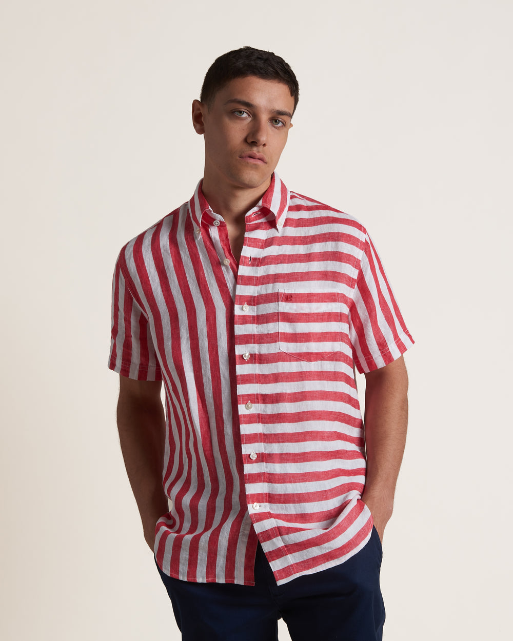 Ben Sherman B by Ben Sherman Candy Stripe Linen Short Sleeve Shirts Pink Red | 1058937-ZN