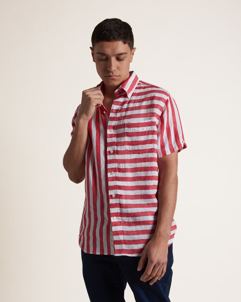Ben Sherman B by Ben Sherman Candy Stripe Linen Short Sleeve Shirts Pink Red | 1058937-ZN