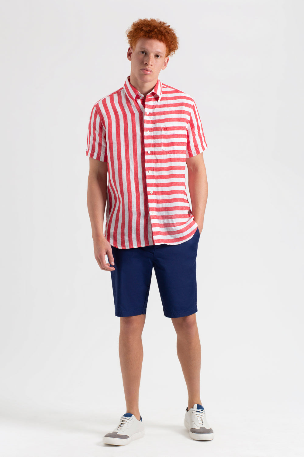 Ben Sherman B by Ben Sherman Candy Stripe Linen Short Sleeve Shirts Pink Red | 1058937-ZN