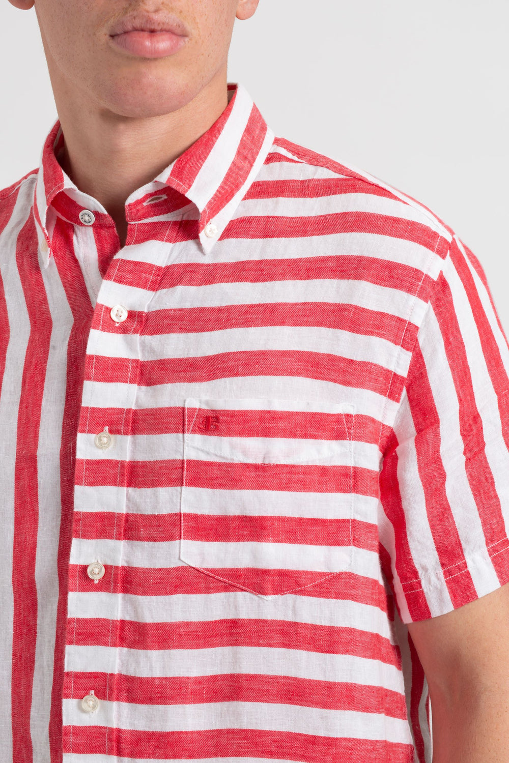 Ben Sherman B by Ben Sherman Candy Stripe Linen Short Sleeve Shirts Pink Red | 1058937-ZN
