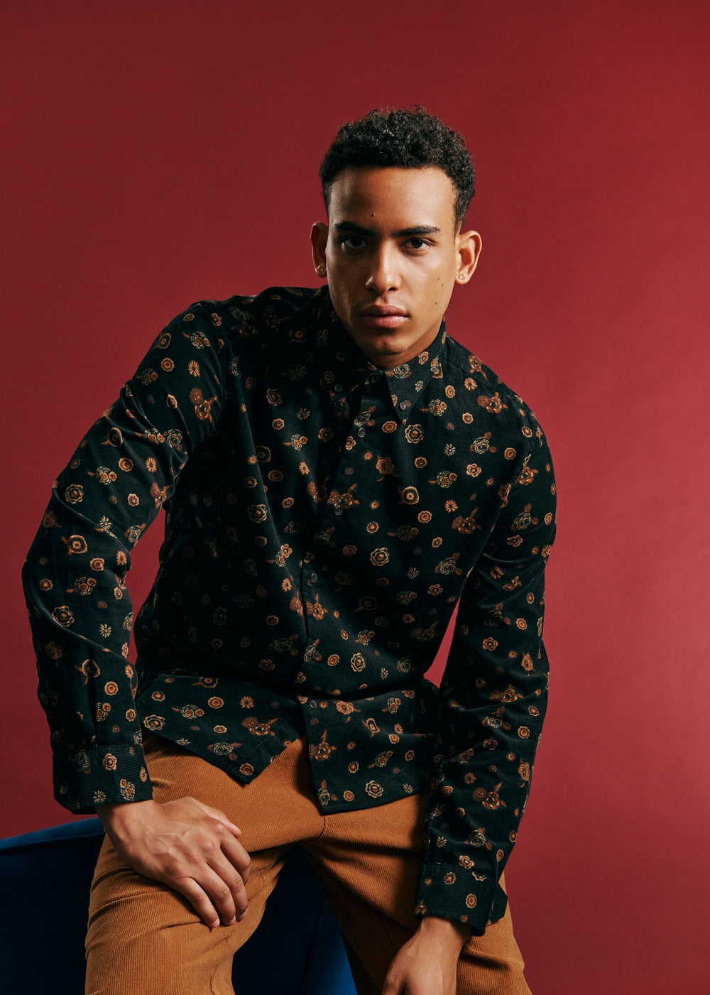 Ben Sherman Retro Floral Print Corduroy Shirts Black | 5972186-QB