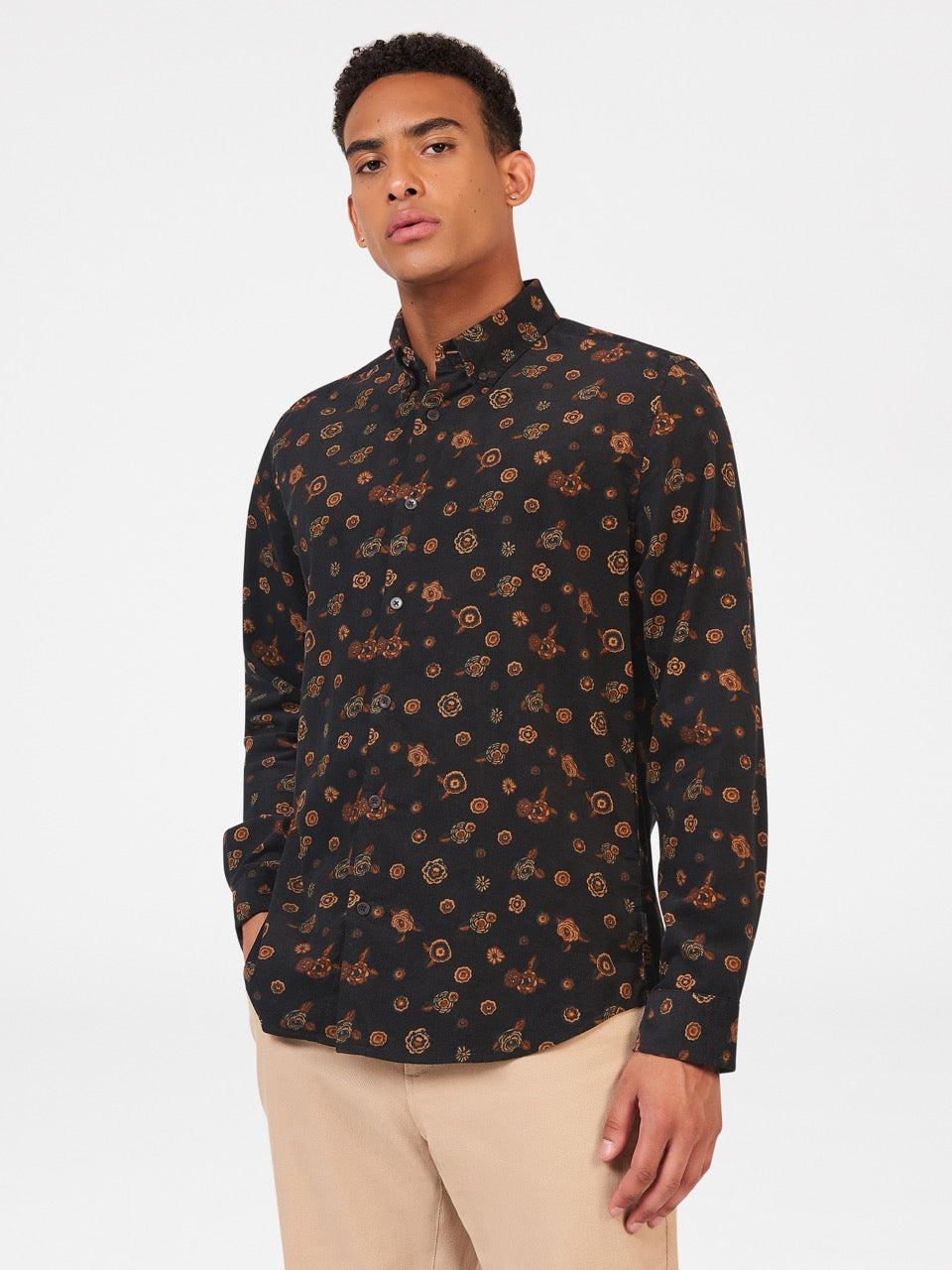 Ben Sherman Retro Floral Print Corduroy Shirts Black | 5972186-QB
