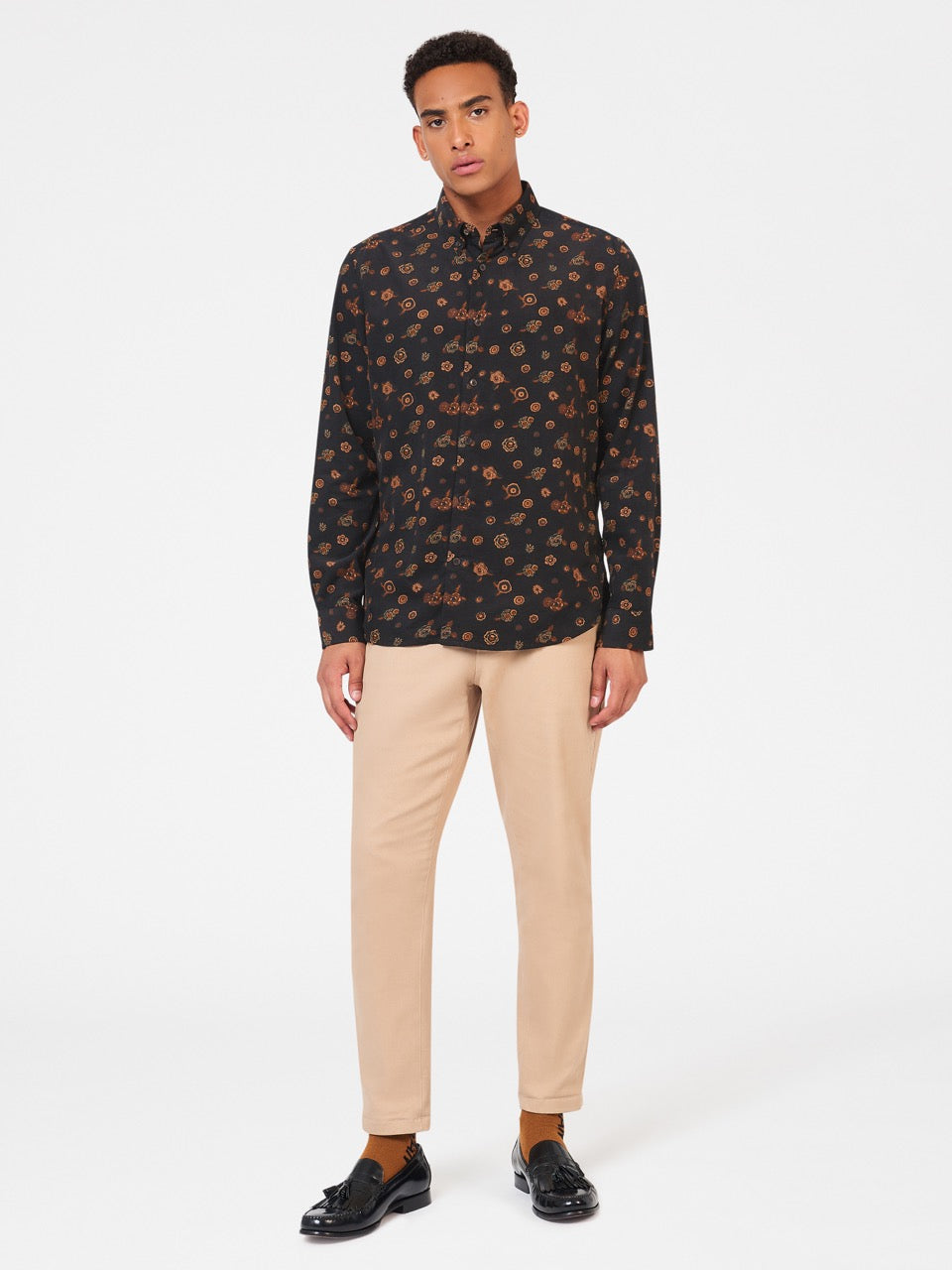 Ben Sherman Retro Floral Print Corduroy Shirts Black | 5972186-QB